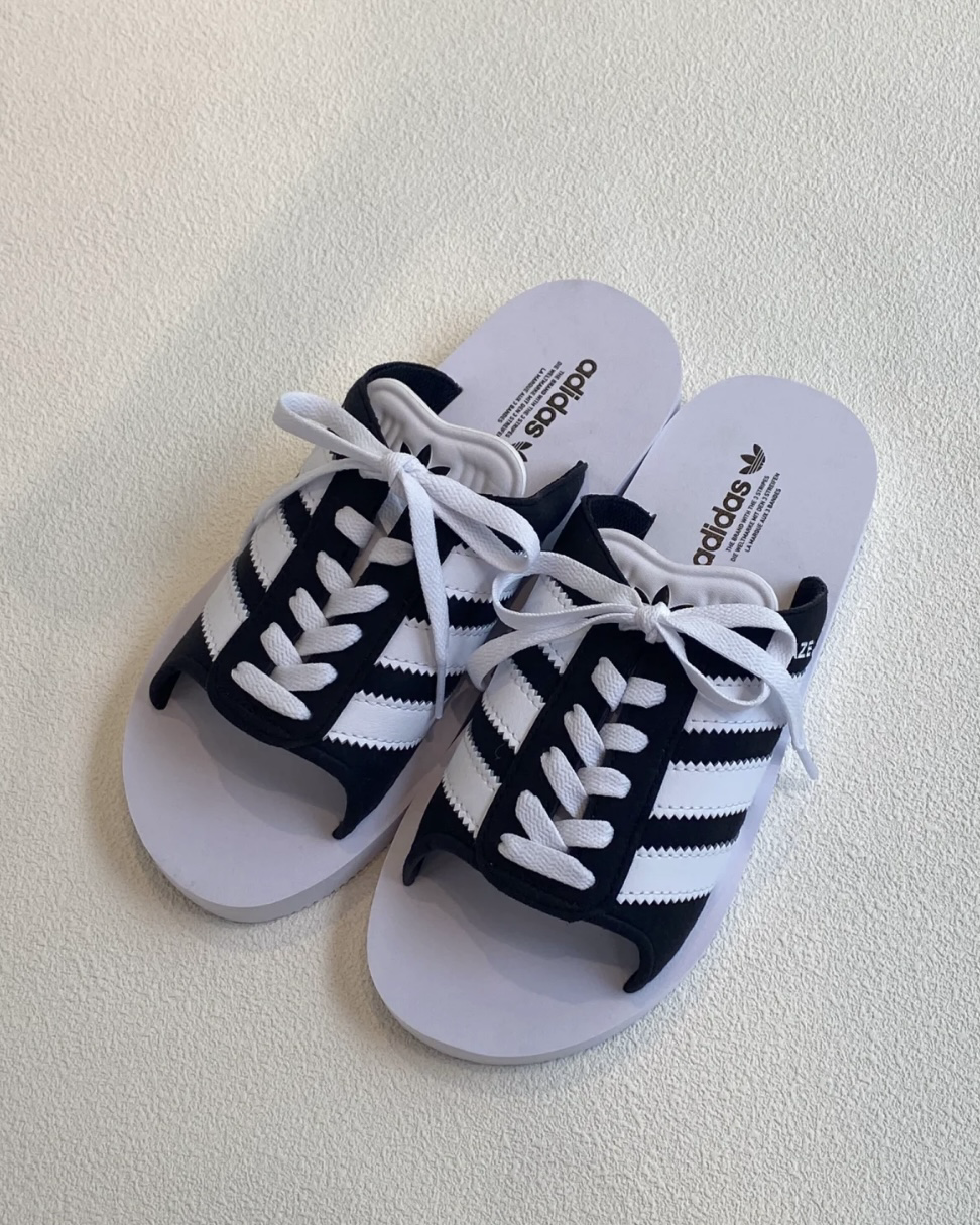 Adidas Gazelle Beach W 黑白 拖鞋 經典三條紋 鞋帶 緩衝