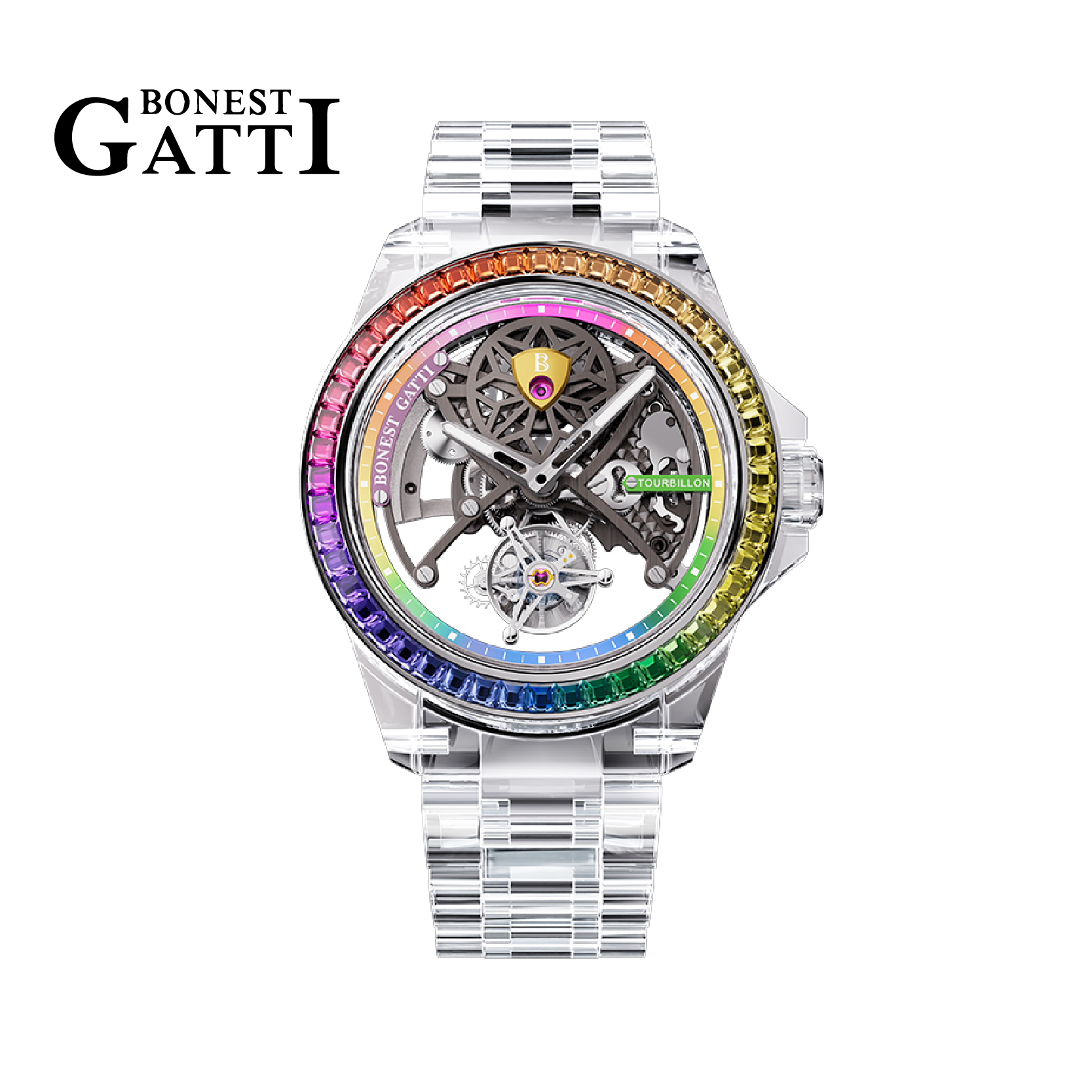 【Bonest Gatti 布加迪】 全球限量88只 時光幻境系列 BG7002 全水晶彩虹陀飛輪 動力儲存 夜光 機械錶 (台灣現貨1支)