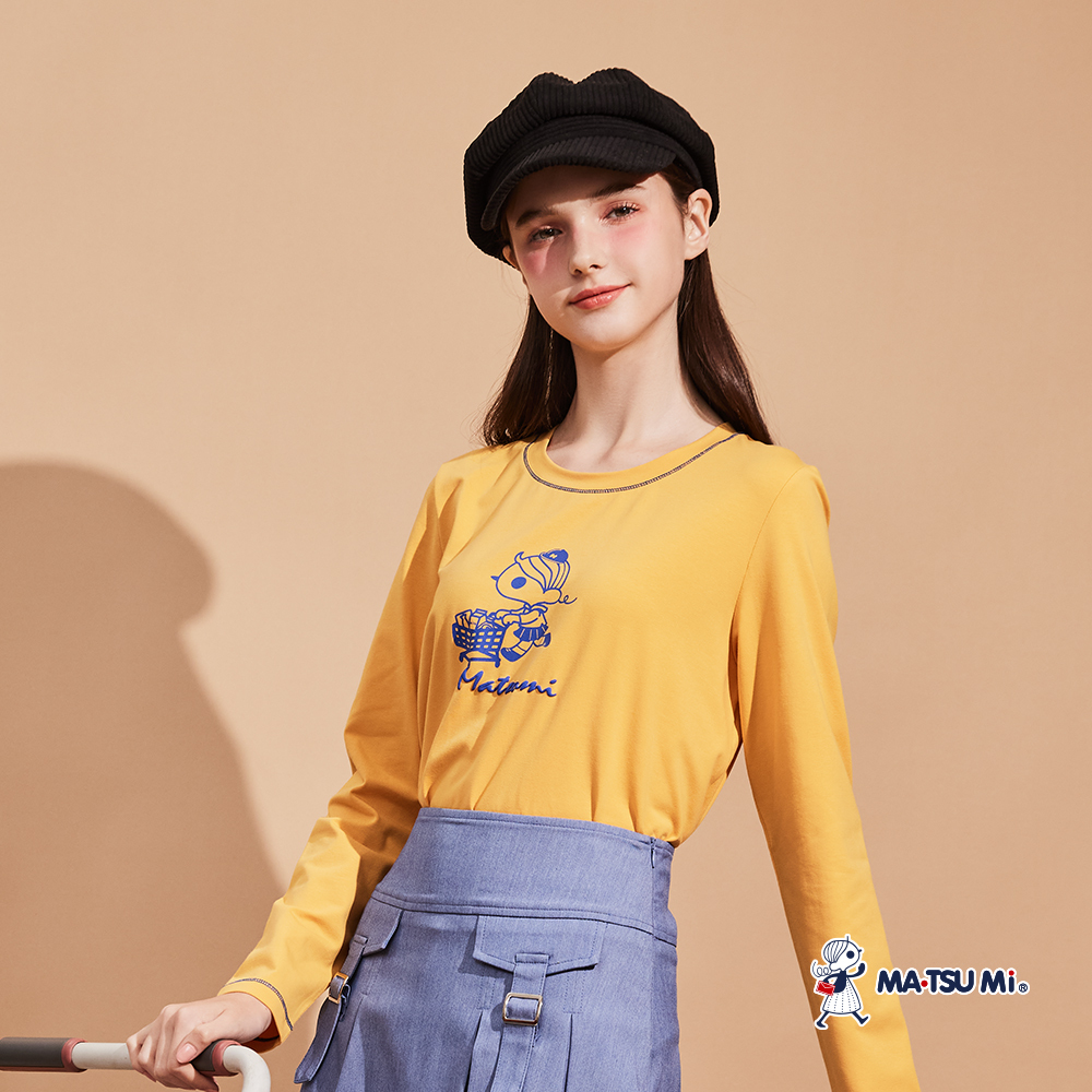MA‧TSU Mi 撞色縫線瑪娃購物印畫長袖上衣(白.黃)