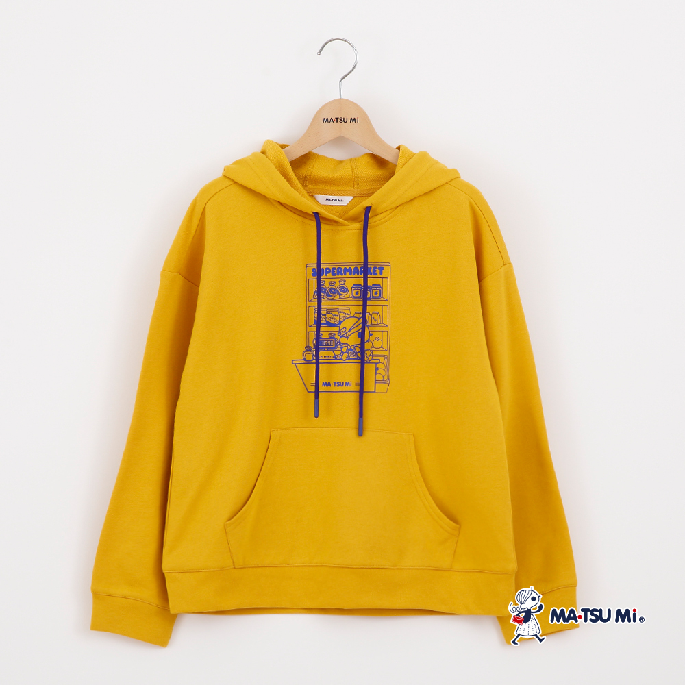 MA‧TSU Mi 撞色瑪娃結帳印畫連帽抽繩上衣(黃.深藍)