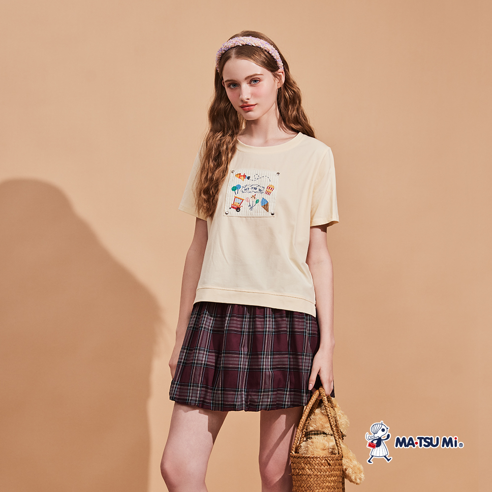 MA‧TSU Mi 異材質拼接趣味樂園圖案純棉上衣(粉黃.深藍)