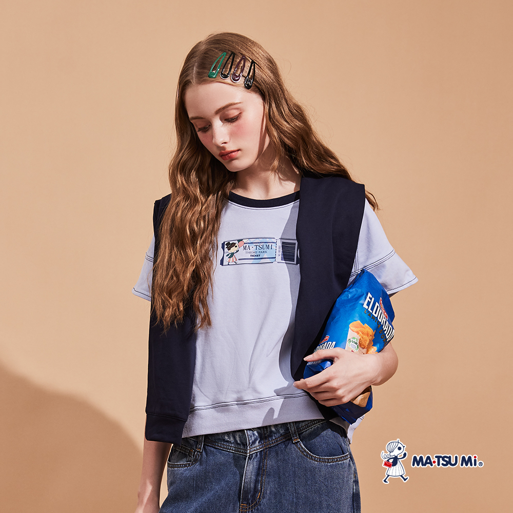 MA‧TSU Mi 撞色車線感寬鬆瑪娃票券棉上衣(白.水藍)