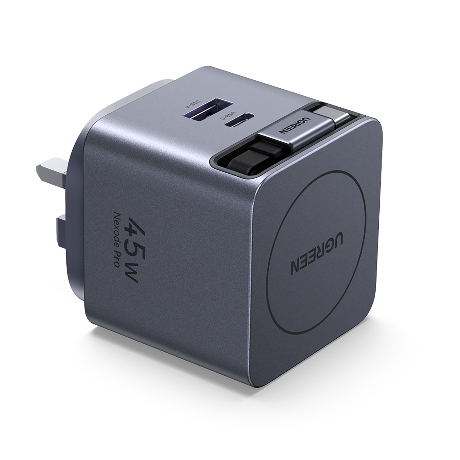 UGREEN 綠聯 65823 Nexode S 45W USB-C X 1 + USB-A X 1 Gan 快速充電器, 內置 TYPE-C 伸縮充電線  X614 (香港插頭, 原廠行貨)