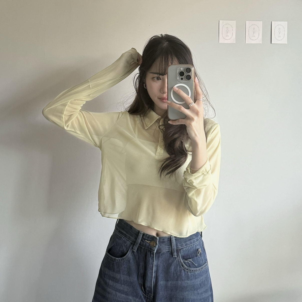 奶霧翻領透膚衣