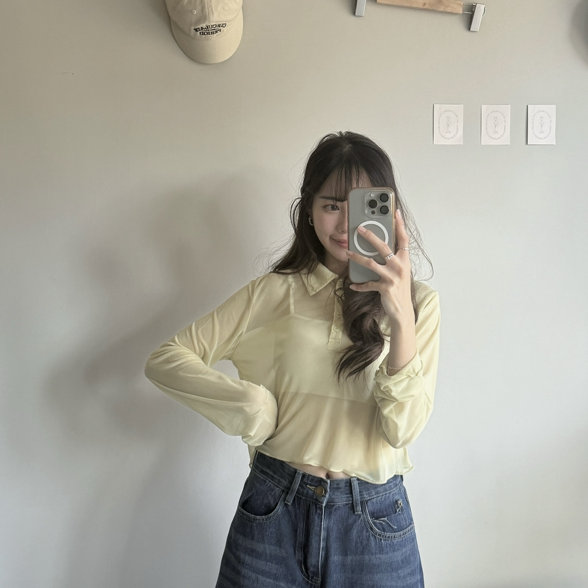 奶霧翻領透膚衣