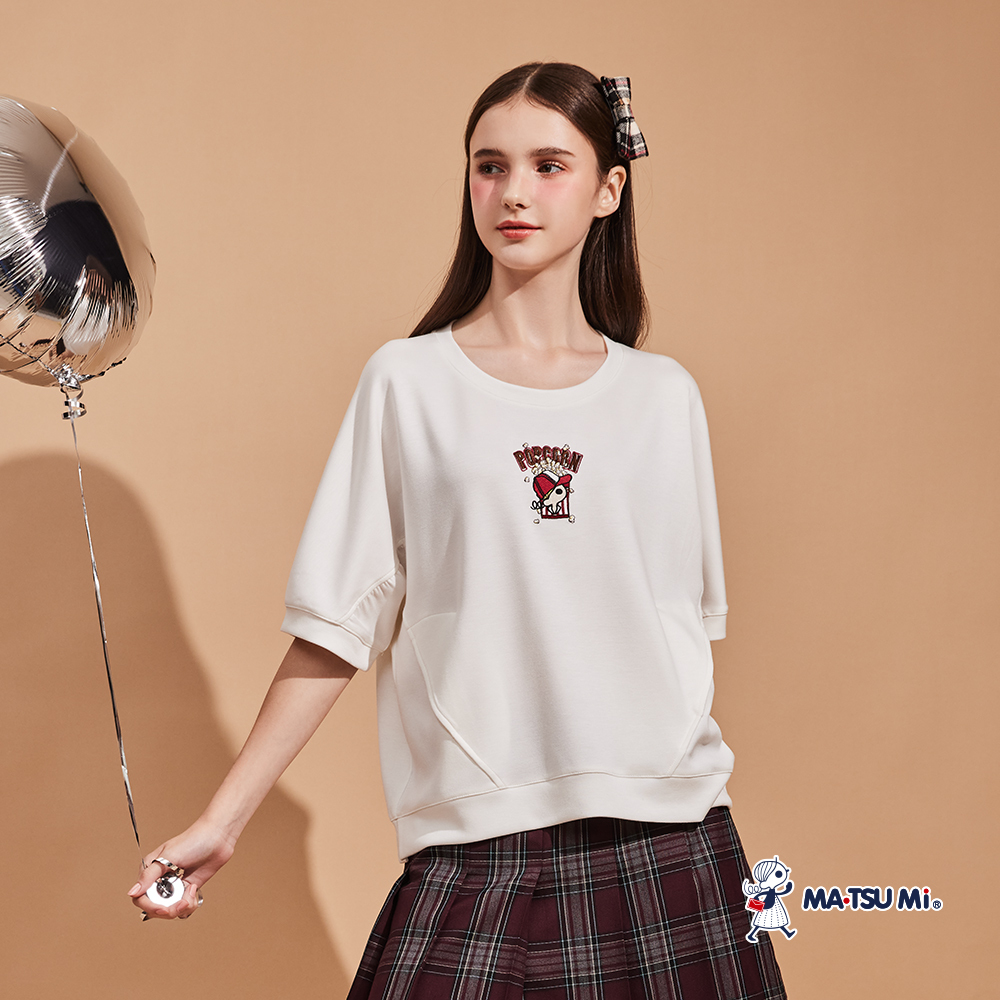 MA‧TSU Mi 簡約親膚柔軟趣味瑪娃爆米花剪裁寬鬆棉上衣(白.深藍)