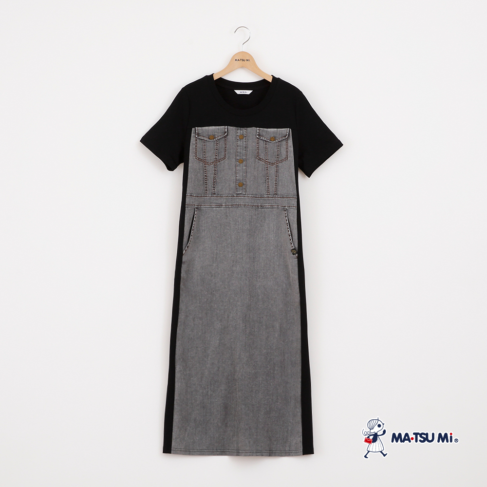 MA‧TSU Mi 仿丹寧異材質拼接後鬆緊彈性短袖長洋裝(黑)