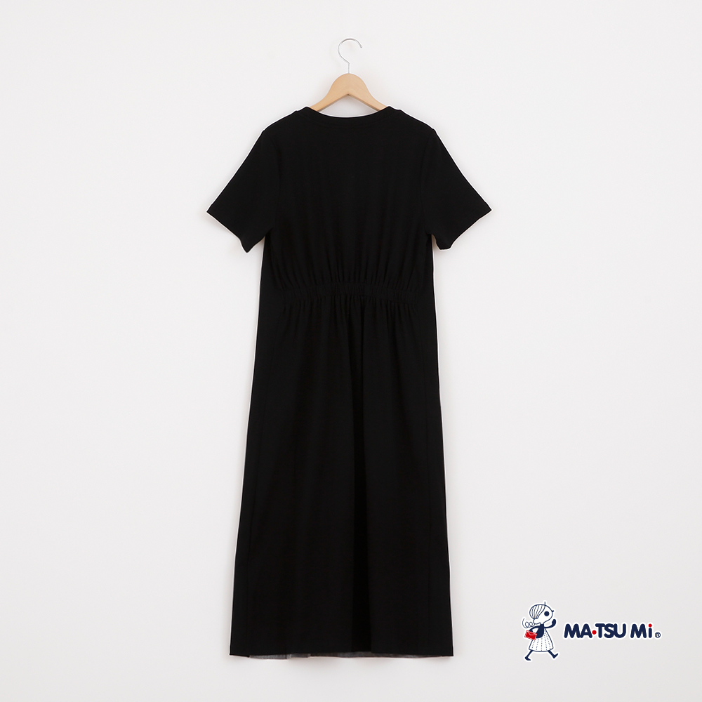 MA‧TSU Mi 仿丹寧異材質拼接後鬆緊彈性短袖長洋裝(黑)