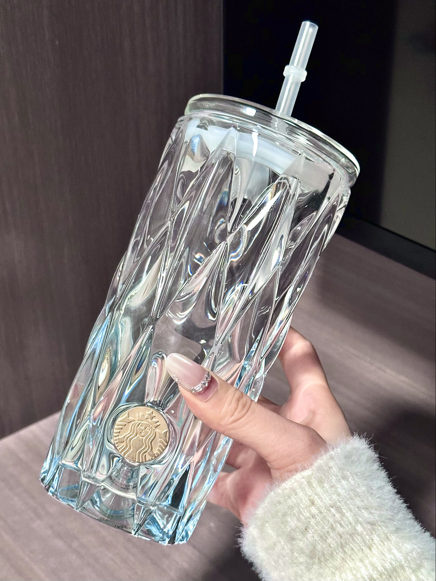 代購-Starbucks星巴克 藍色 菱紋款 玻璃 吸管杯 530ml