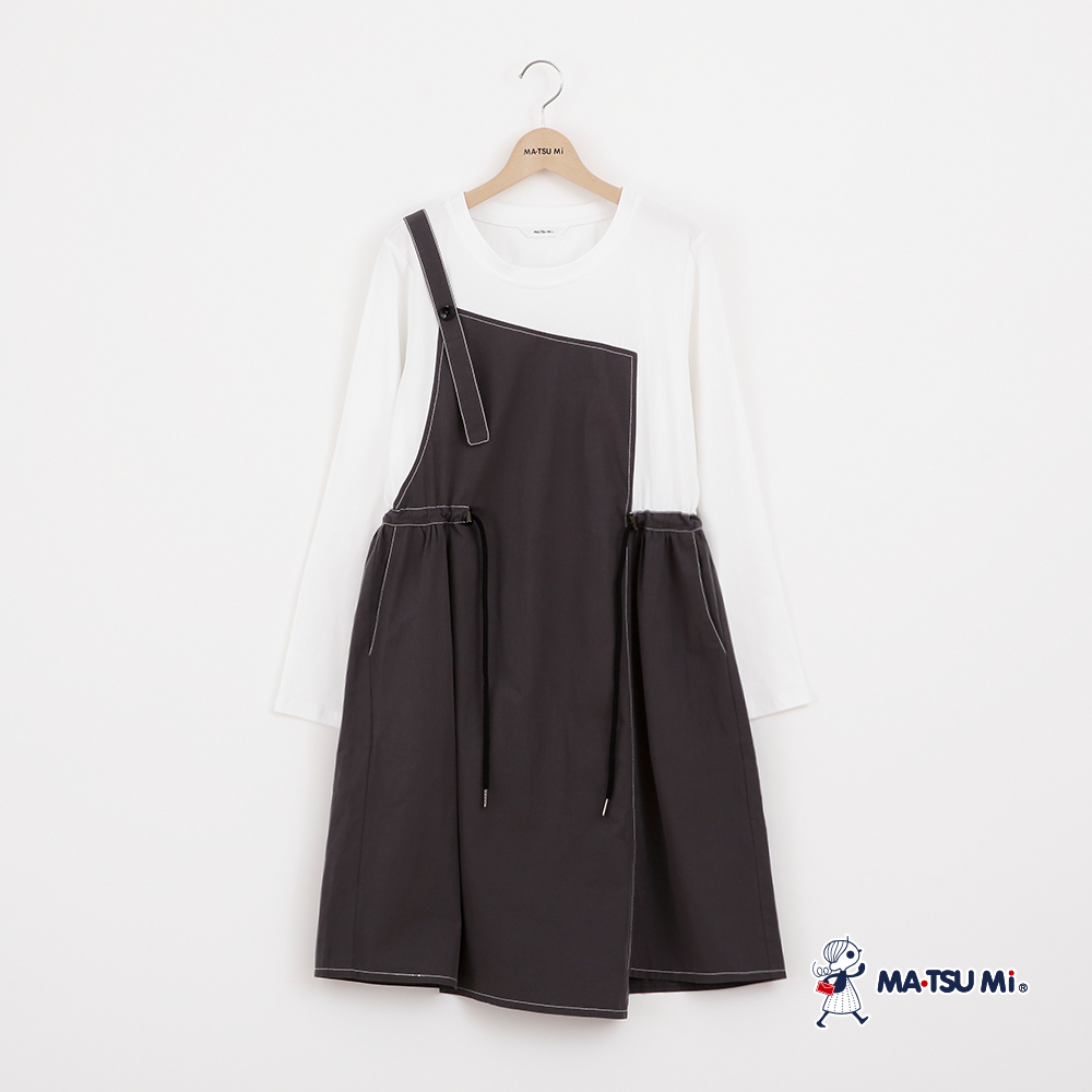 MA‧TSU Mi 異材質不對稱抽繩拼接設計長袖洋裝(深灰)