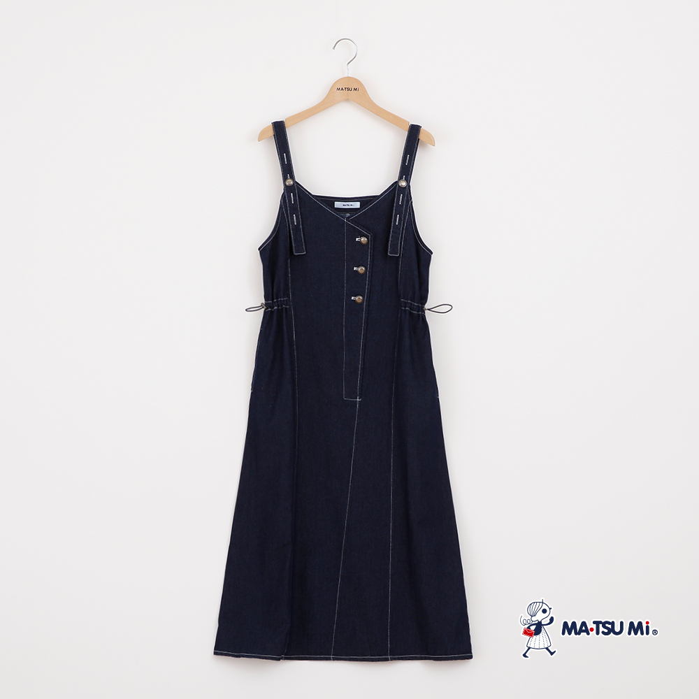 MA‧TSU Mi 車線感純棉釦飾可調節抽繩設計吊帶丹寧洋裝(深藍)