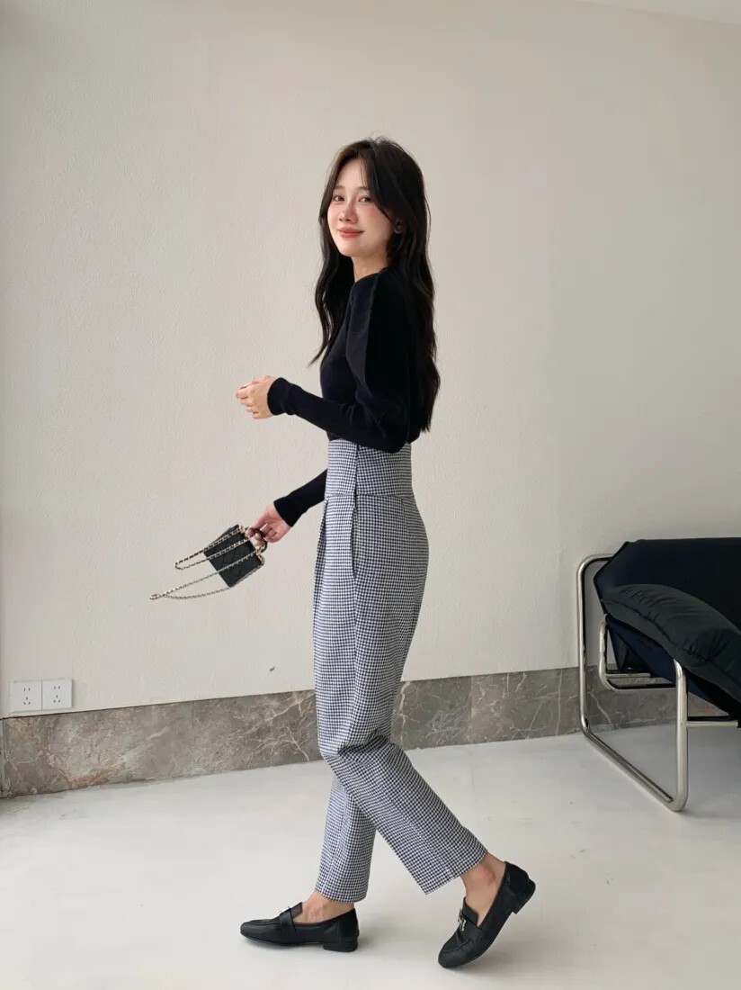 經典黑白格紋高腰九分老爺褲-S-L (Elegant & Love)
