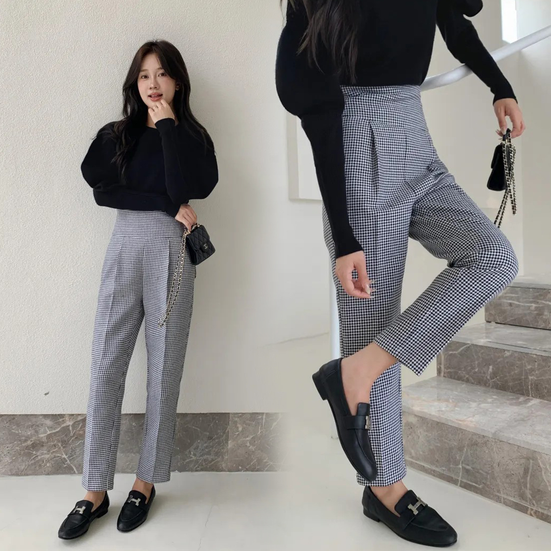 經典黑白格紋高腰九分老爺褲-S-L (Elegant & Love)