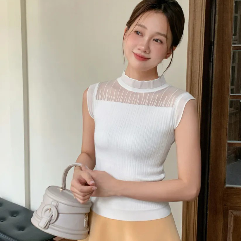 透膚拼接感荷葉滾邊立領背心上衣S-M / 3色 (Elegant & Love)