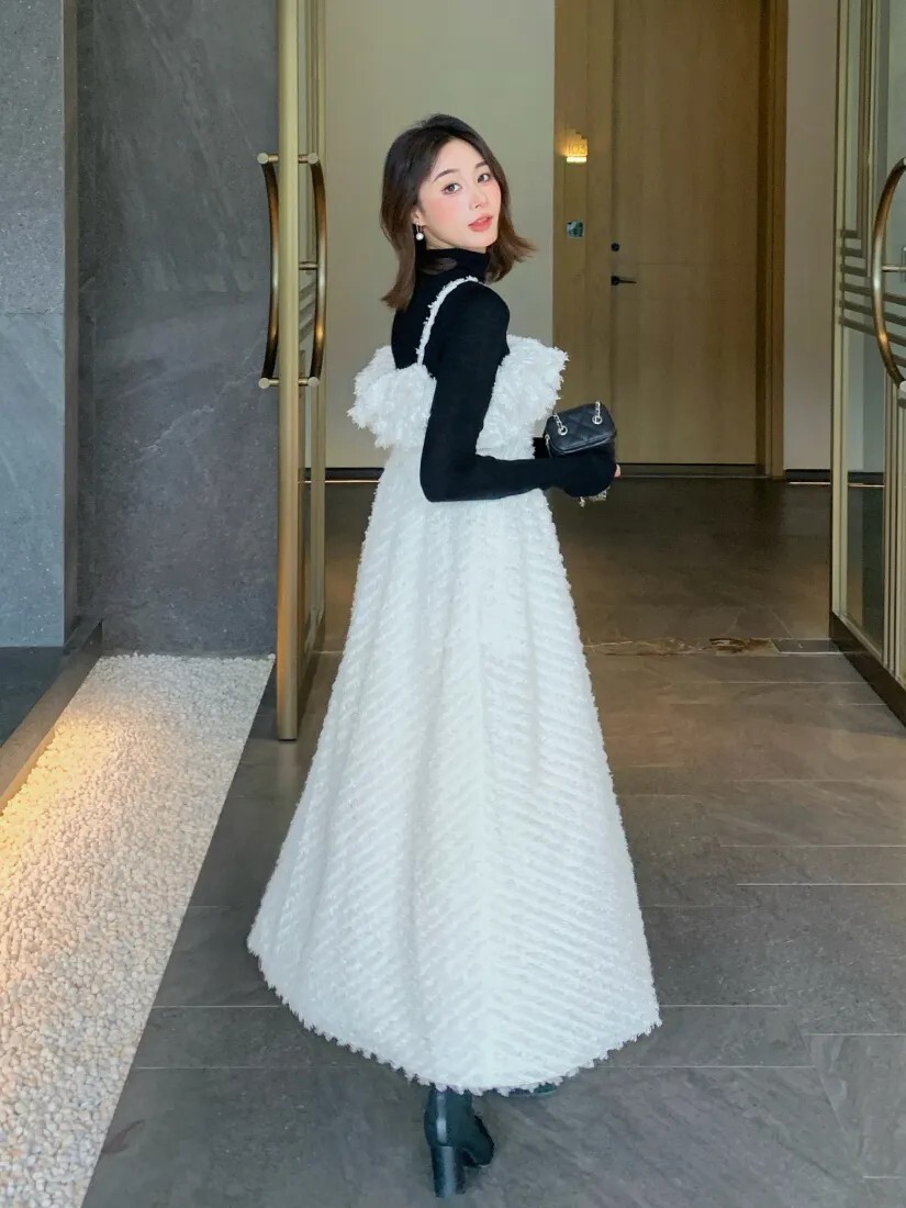 雲朵白立體抽鬚毛海感細肩帶收腰長洋裝S-M (Elegant & Love)