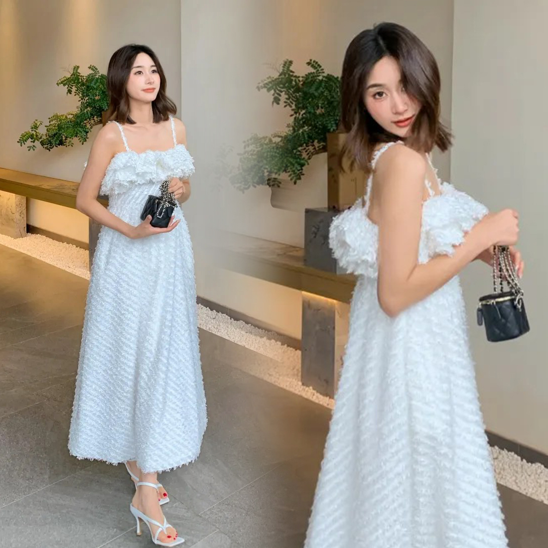 雲朵白立體抽鬚毛海感細肩帶收腰長洋裝S-M (Elegant & Love)