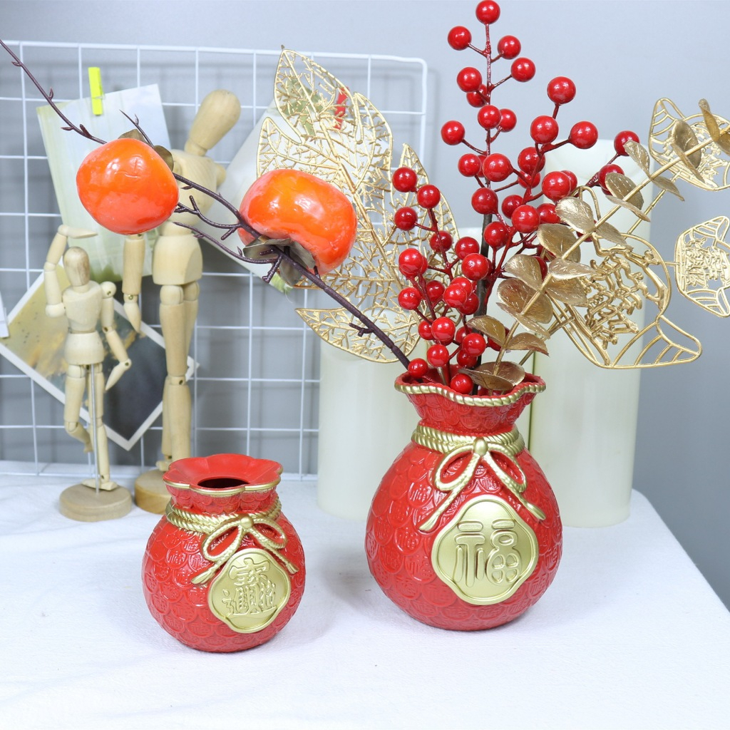 【台灣現貨速發】聚寶盆 紅福袋桶 插乾燥花盆 鮮花花器 新年桶 百福桶｜新年 開幕 賀新居系列｜塑膠福袋