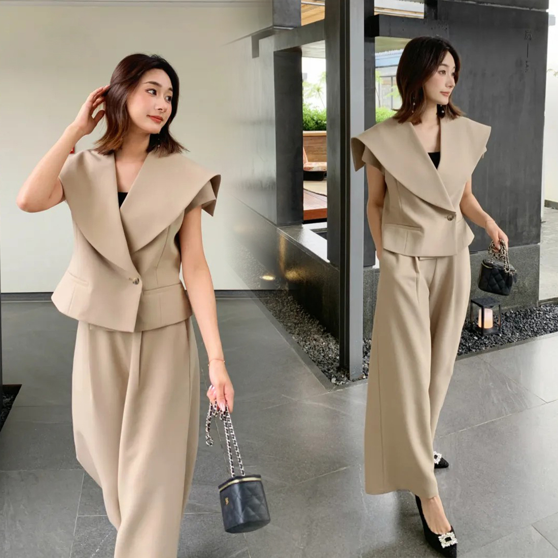 奶茶杏大領片造型西裝背心+同色系寬褲SET-S-L  (Elegant & Love)