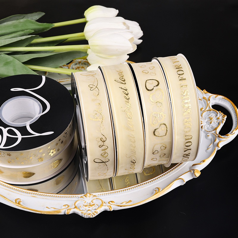 【台灣現貨速發】2.5公分 印字燙金雪紗帶｜一卷約20碼｜ 包裝緞帶 印字緞帶 蛋糕盒包裝帶