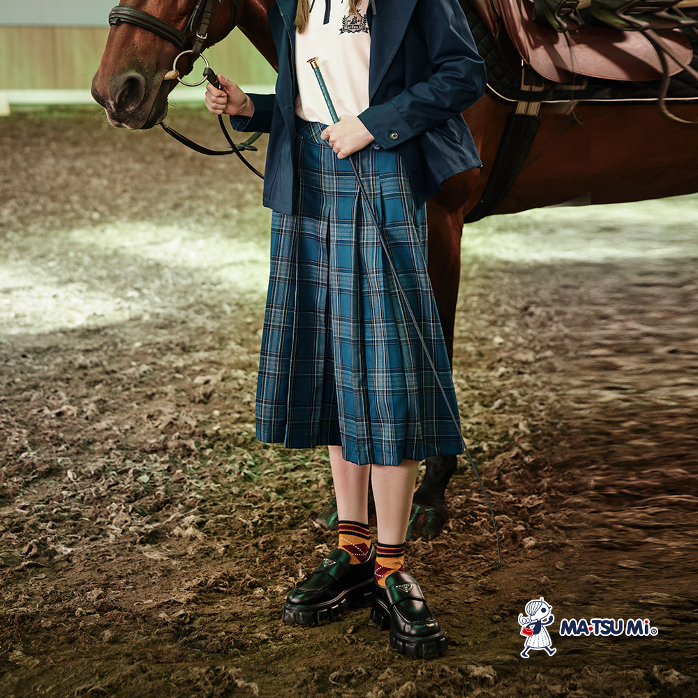 MA‧TSU Mi 學院風格紋百褶設計八分褲裙(紅.土耳其藍)