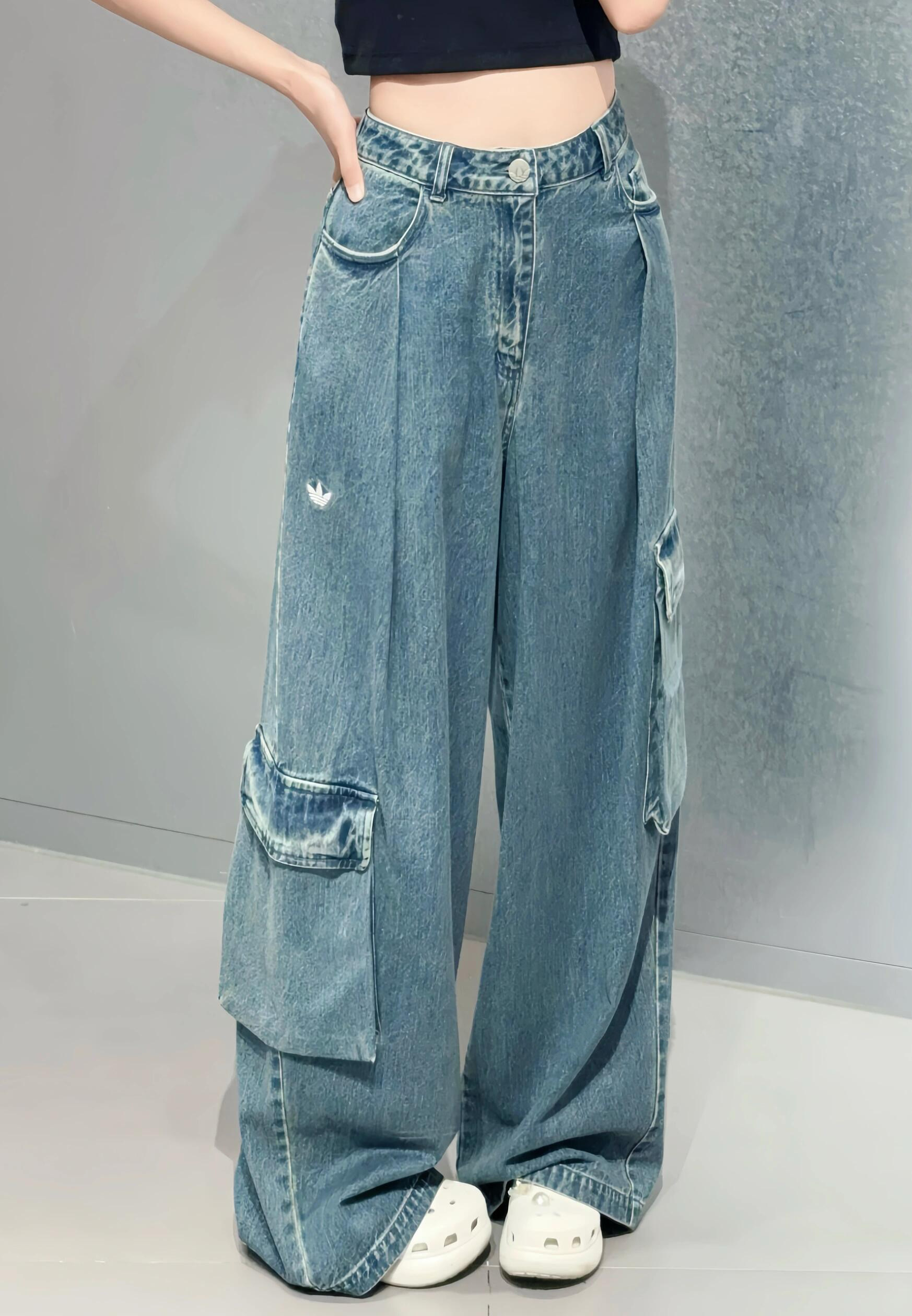Adidas 三葉草 愛迪達 不對稱 口袋 丹寧牛仔 藍色 工裝 長褲 KC5813