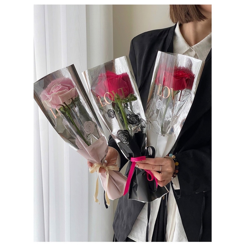 【台灣現貨速發】LOVE 花束套 直筒一體袋 燙金玫瑰鏡面 ｜單枝鮮花袋 新款玫瑰單枝花袋 花束包裝材料 燙金鏡面 花束套