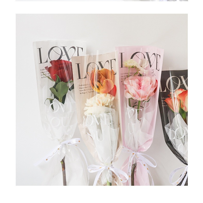 【台灣現貨速發】LOVE 花束套 直筒一體袋 燙金玫瑰鏡面 ｜單枝鮮花袋 新款玫瑰單枝花袋 花束包裝材料 燙金鏡面 花束套