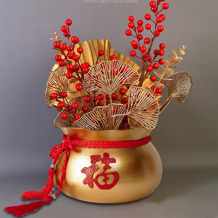 【台灣現貨速發】聚寶盆 金福袋桶 插乾燥花盆 鮮花花器 金色新年桶 百福桶｜新年 開幕 賀新居系列