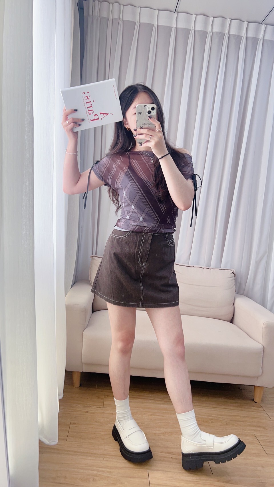 菱格斜肩造型透膚衣