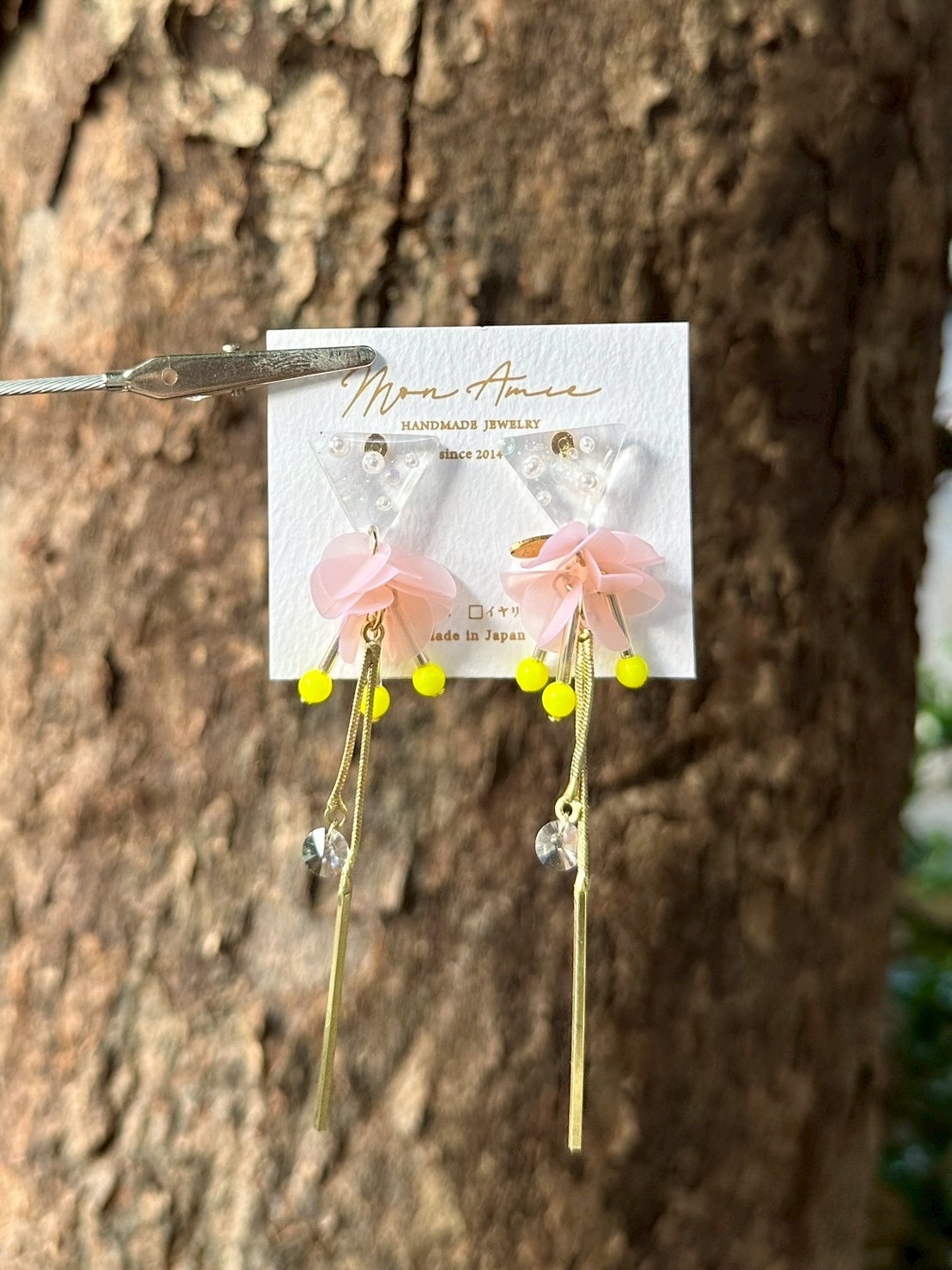 [Mon Amie] 2way 三角寶石亮片球耳環 | 粉x黃 | NO.27 | 耳針