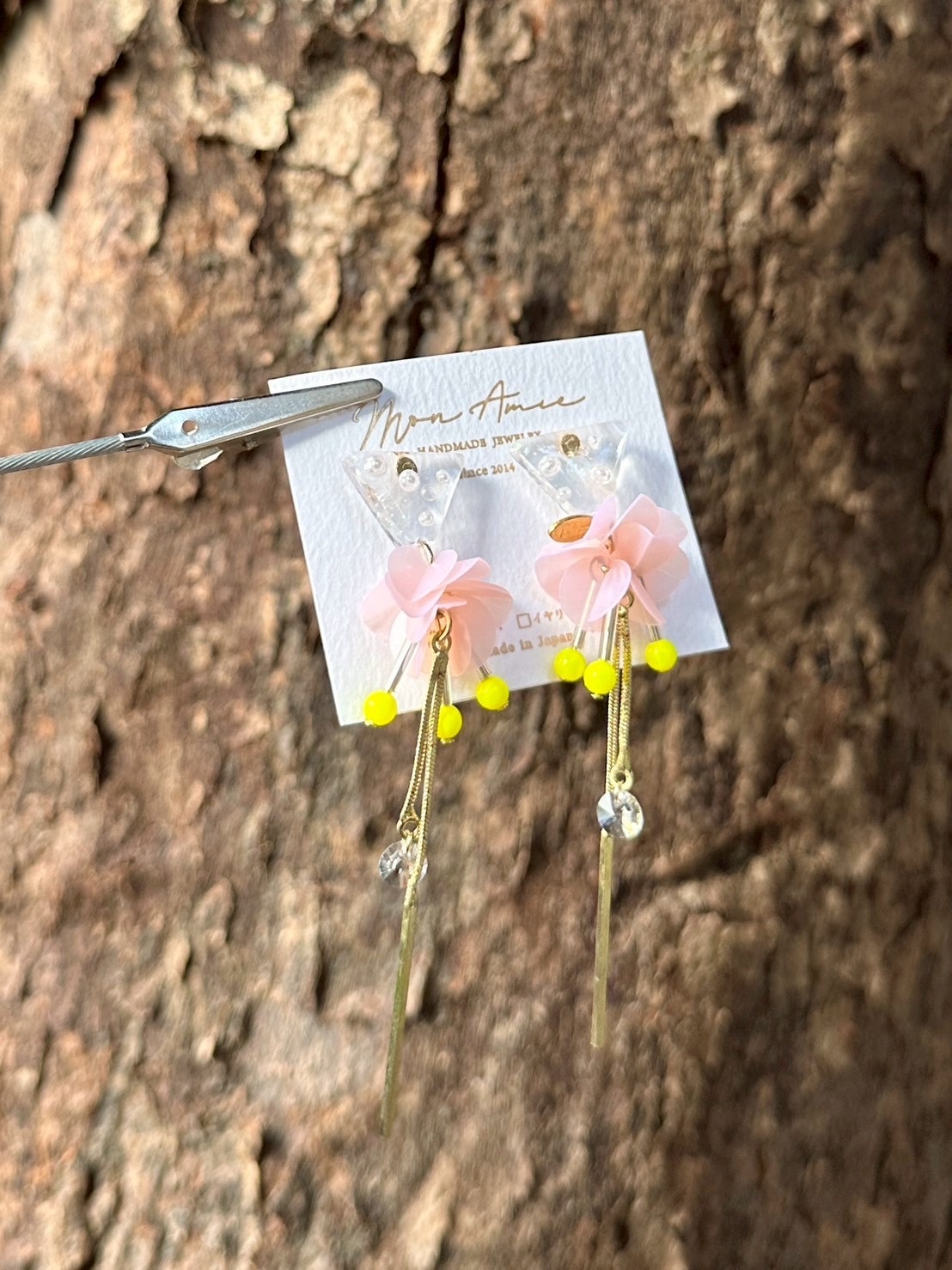 [Mon Amie] 2way 三角寶石亮片球耳環 | 粉x黃 | NO.27 | 耳針