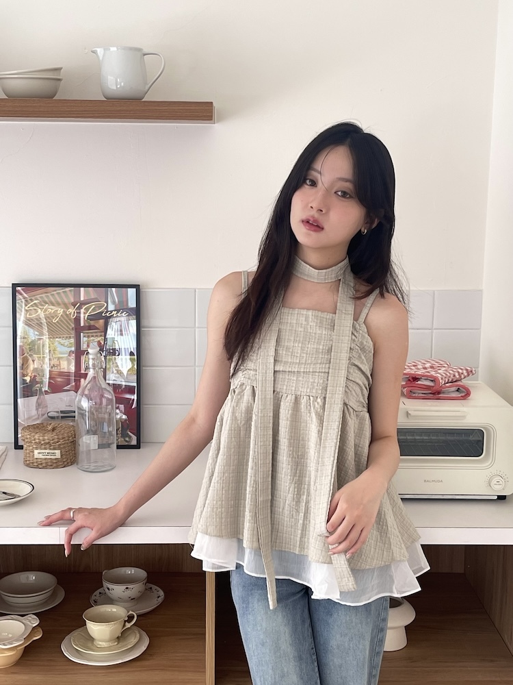 清新格紋雙層背心