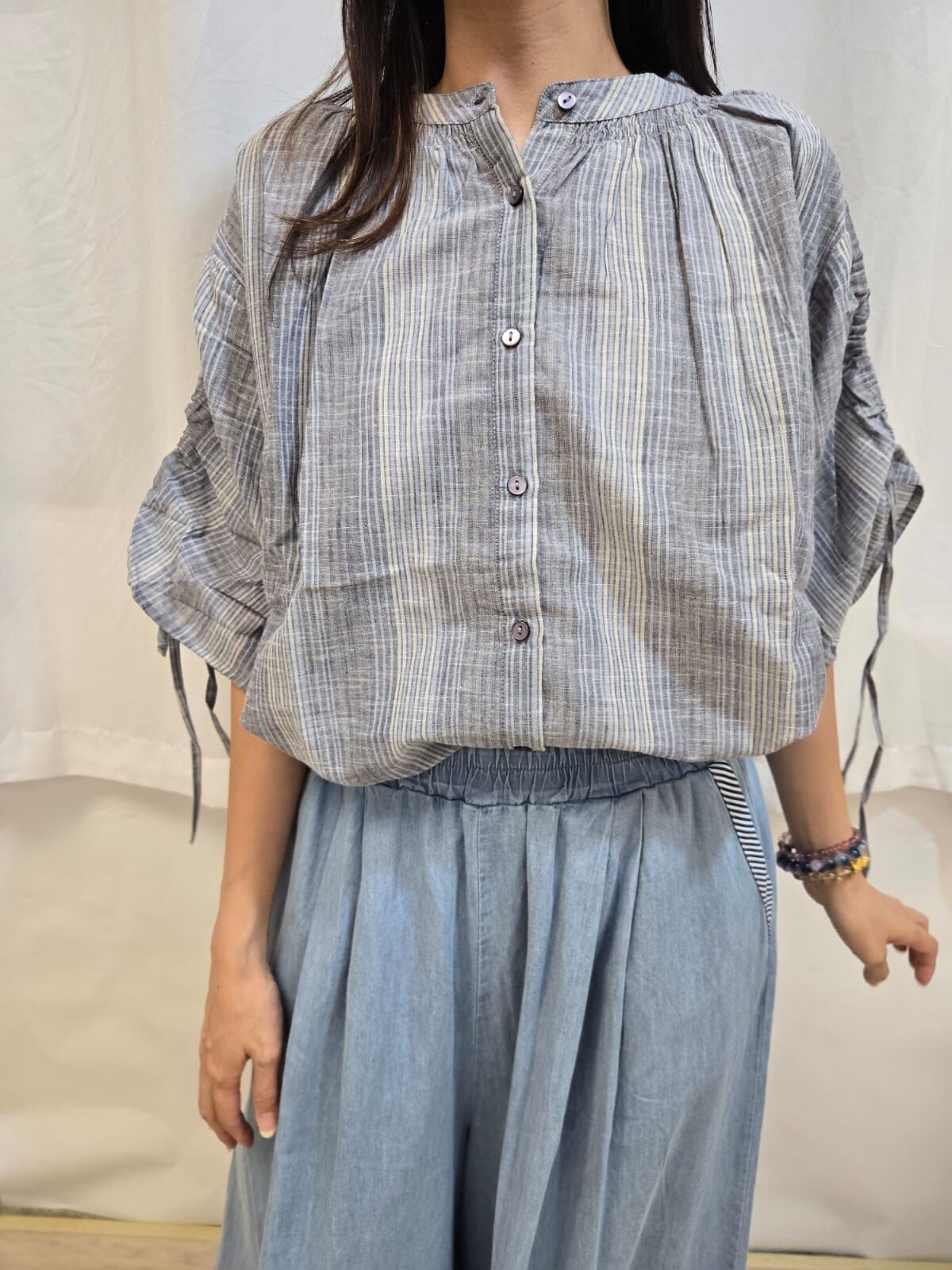 LN 竹節條紋兩面袖喇叭抽繩 TOP