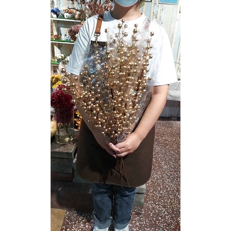 【台灣現貨速發】金色仿真 金果子枝｜整枝6岔 人造花 仿真花 新年 春節
