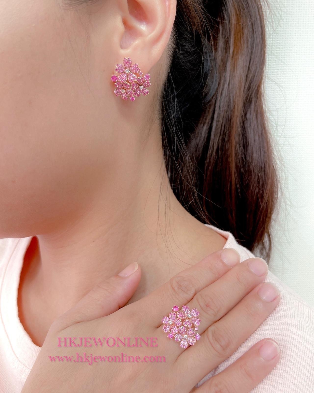 🌸 18K Rose Gold Gradient Pink Sapphire Diamond Sakura Ring / Earrings
