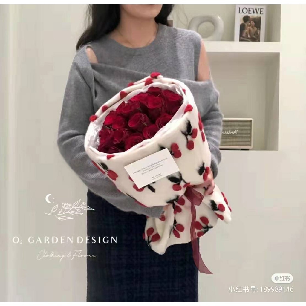 ins風包裝布 毛呢布 泰迪絨｜櫻桃 草莓 鬱金香 橘子 泰迪熊｜小香風 情人節 網紅花束 乾燥花束 包裝布