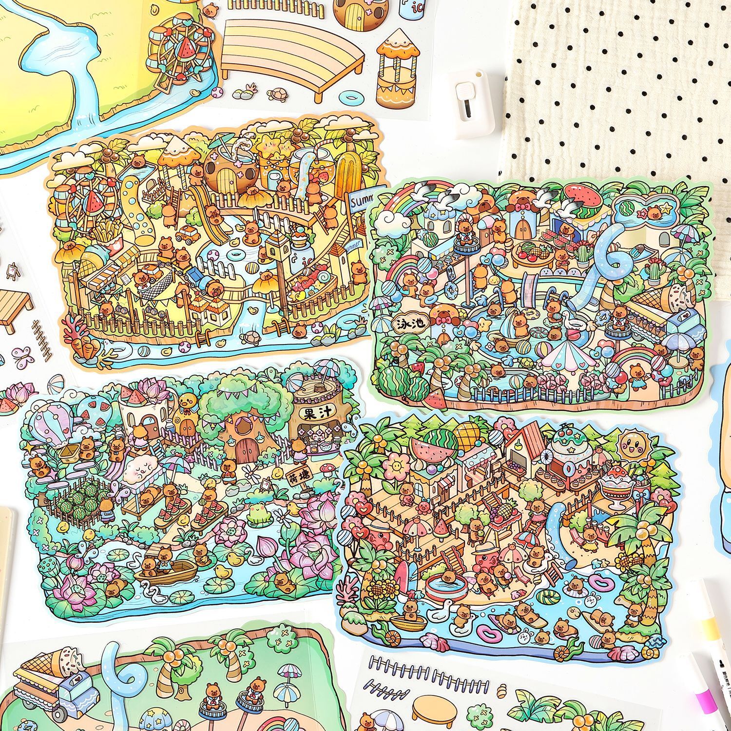 Capybara Fun Summer Scene Stickers