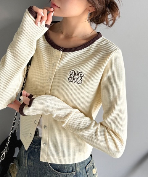 日本🇯🇵連線 Mily Bilet 滾邊刺繡華夫格開襟衫 按扣設計 刺繡 滾邊 華夫格 長袖 開襟衫 4色(任買兩件711免運)/預購