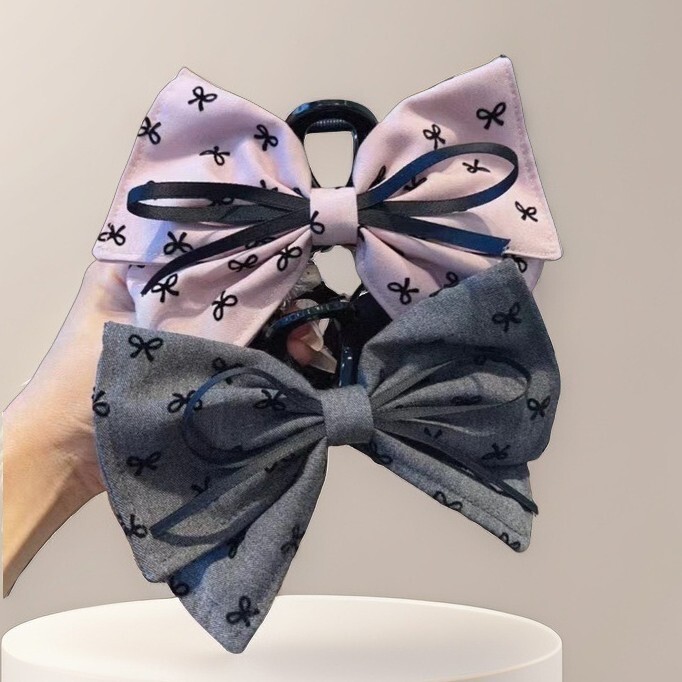 Gray Fabric Bow Hair Claw