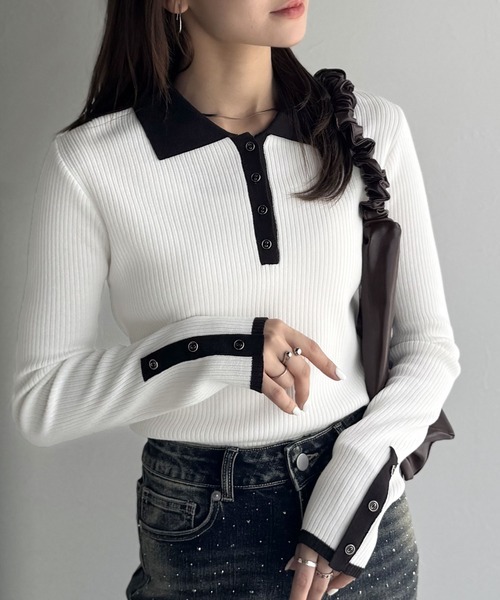 日本🇯🇵連線 Mily Bilet 金邊紐扣羅紋POLO衫 羅紋針織 POLO衫 排扣 拼接 長袖 針織衫 3色(任買兩件711免運)/預購