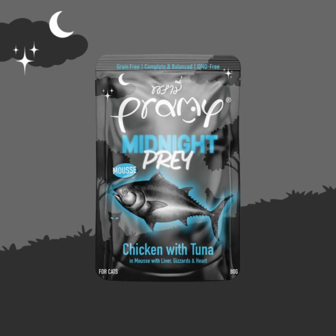 Pramy Midnight Prey 高湯貓主食濕糧包 - 鮮嫩雞肉 + 高級白肉吞拿魚 (慕絲) 80g (Exp: Mar-2027)
