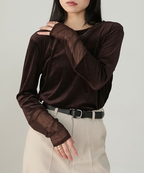 日本🇯🇵連線 Forksy 薄紗拼接天鵝絨上衣 皺褶袖設計 天鵝絨材質 內搭 多層次 長袖 5色(任買兩件711免運)/預購