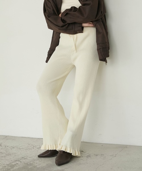 日本🇯🇵連線 Forksy 日系羅紋針織荷葉邊褲 荷葉邊設計 羅紋針織 半喇叭褲 寬鬆 闊腿褲 休閒褲 9色(任買兩件711免運)/預購