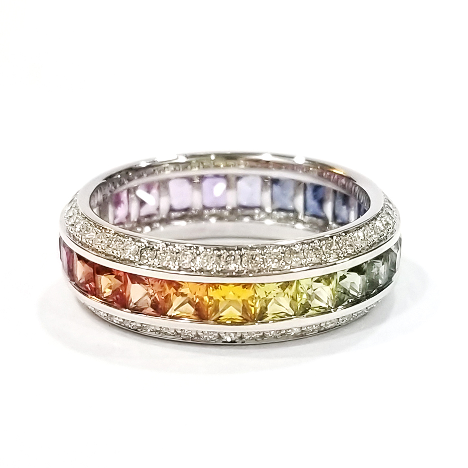 18K白金天然鑽石彩色藍寶石戒指