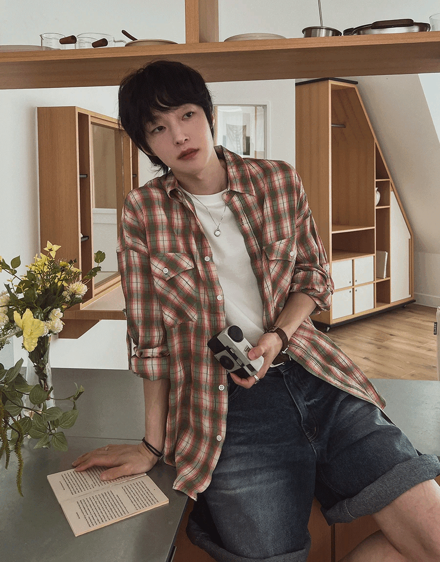 捲邊格紋寬鬆襯衫