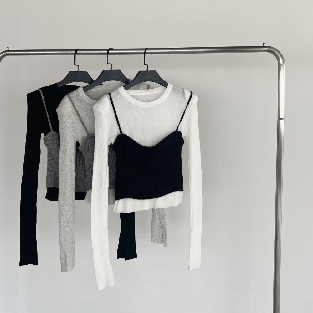 【韓國歐膩】DOMISS秋季圓領假兩件針織上衣 甜辣層次感必收-3色 針織衫(現貨)