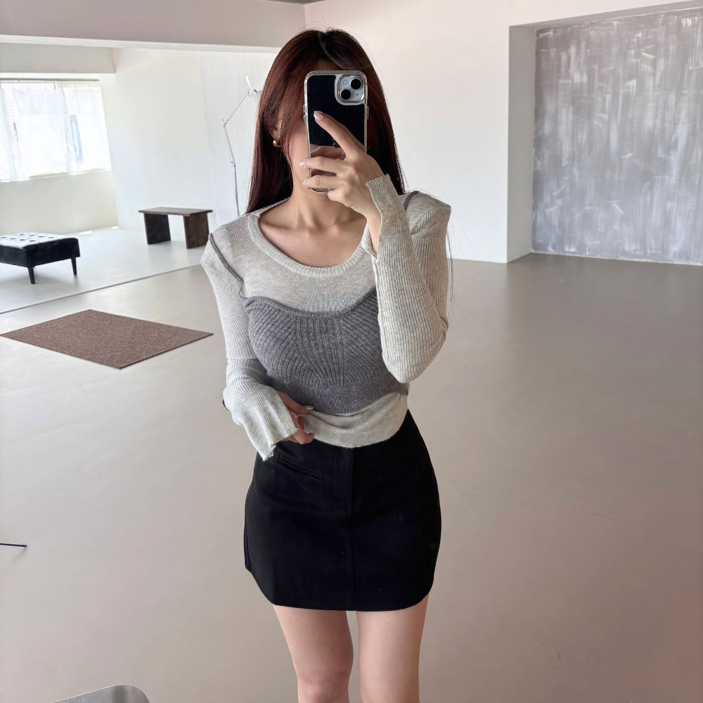 【韓國歐膩】DOMISS秋季圓領假兩件針織上衣 甜辣層次感必收-3色 針織衫(現貨)