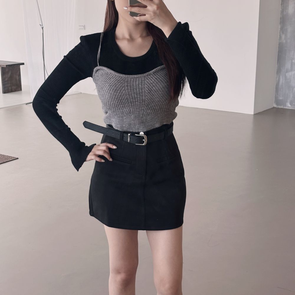 【高磅數A字裙】DOMISS附皮帶-秋冬高腰必收款 短裙 裙子女生-2色(現貨)