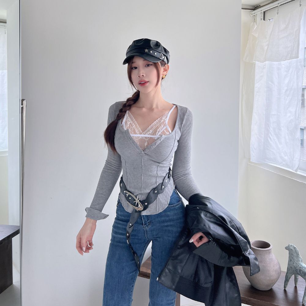 【蕾絲上癮】DOMISS訂製-真兩件蕾絲背心+長袖上衣 兩件套 薄長袖上衣 (現貨)