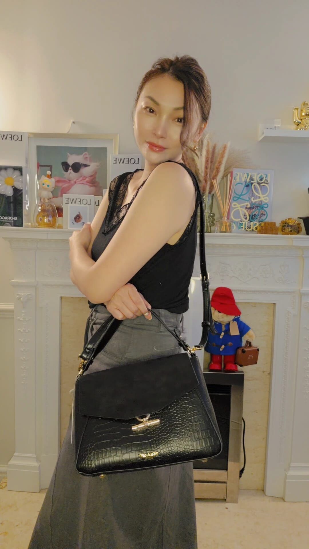英國代購 (獨立訂單)-LUELLA GREY Black Croc Effect Tote&nbsp;Bag